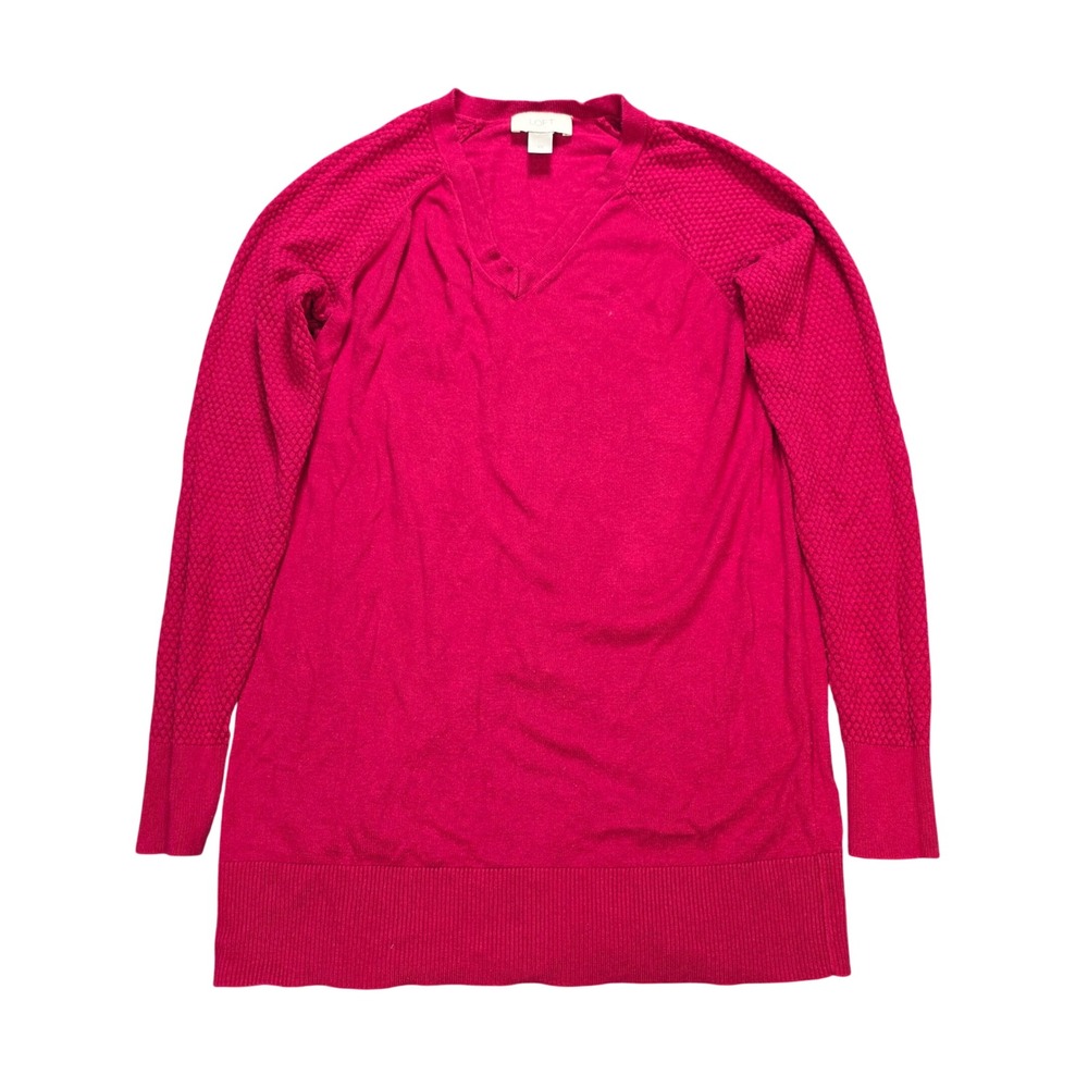 LOFT Outlet V-Neck Tunic Sweater Women's Size XS Red Textured Raglan Sleeves